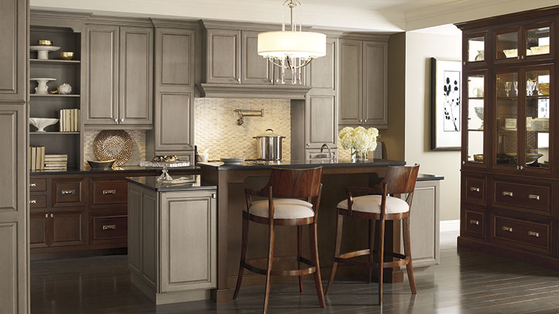 Brookside and Riff kitchen cabinets in Cherry Pumice and Chestnut finishes