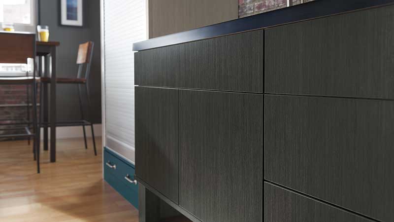 Close-up of Nella kitchen cabinets in laminate specialty material