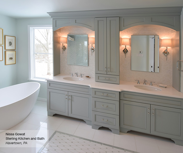 Brentwood master bath cabinets in Maple Rain