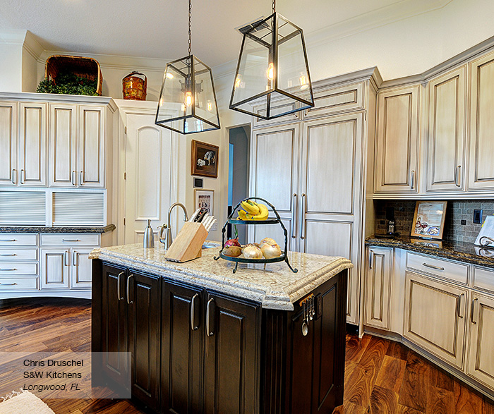 Off White Cabinets with a Dark Wood Kitchen Island