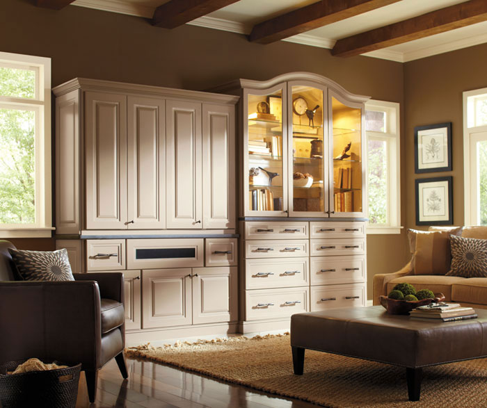 Hollibrune living room storage cabinets in Maple Portobello finish