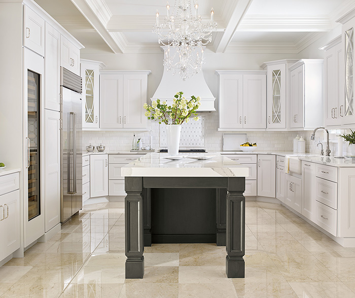 White Kitchen Cabinets with a Dark Grey Island