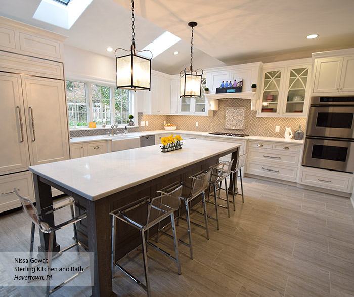 White Inset Cabinets with a Gray Kitchen Island