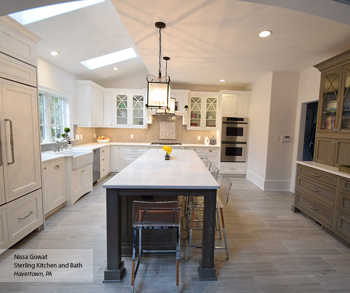 Elemental White inset cabinets with a large Ceruse Gray kitchen island