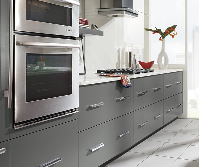 Gray Cabinets with a Red Kitchen Island