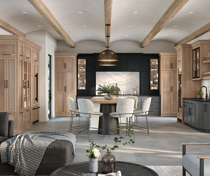 modern two-tone cabinets with black and wood finishes