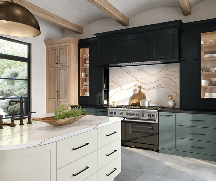 Close-up of Omega quartersawn white oak cabinetry featuring Jaxson (formerly Jax) highlighting refined door detailing.