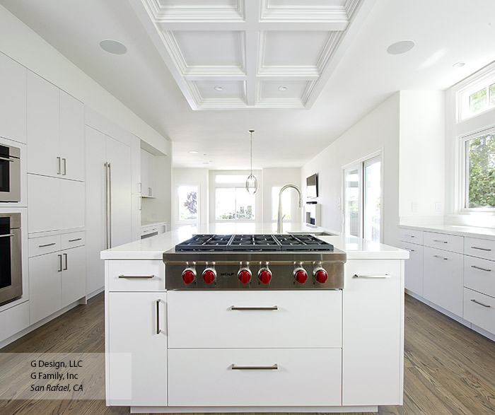 All white kitchen with modern cabinets in the Desoto door style with Pearl finish