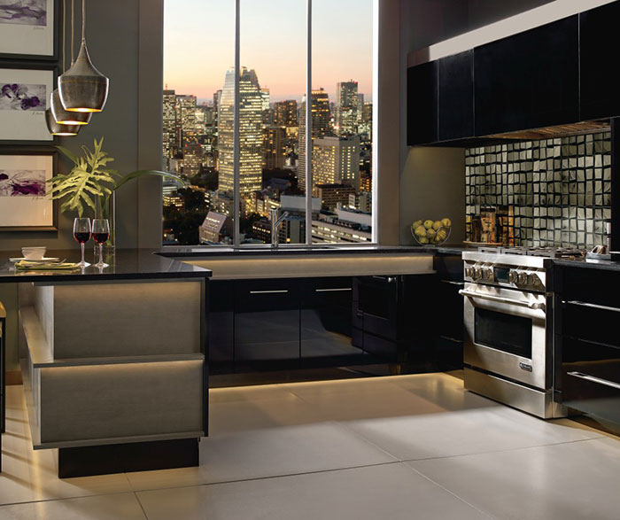 Contemporary Acrylic Kitchen Cabinets in Black Finish